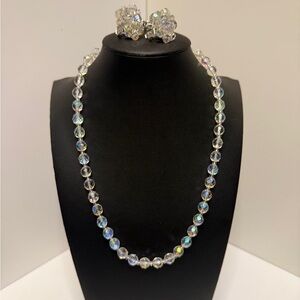 Vintage aurora borealis Elegant Crystal Necklace and Earring Set 1960s